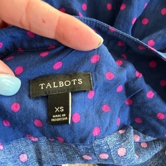 Talbots Blue Pink Polka Dot V Neck Blouse sz XS Career - Picture 7 of 10